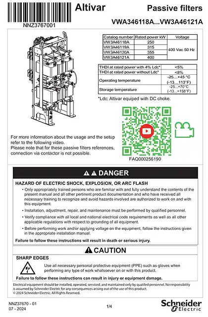 schneider施耐德Instruction Sheet - Passive filters VWA346118A...VW3A46121A